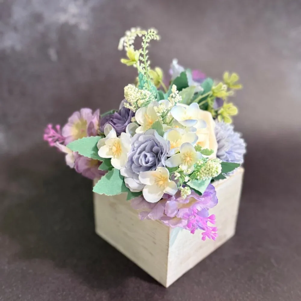 Faux Floral Arrangement in Rustic Wooden Box – Home or Office Decor